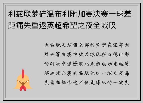 利兹联梦碎温布利附加赛决赛一球差距痛失重返英超希望之夜全城叹 利兹联梦碎温布利附加赛决赛一球差距痛失重返英超希望之夜全城叹