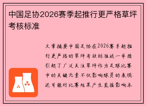 中国足协2026赛季起推行更严格草坪考核标准