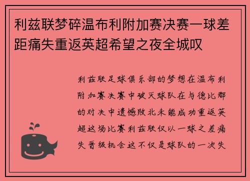 利兹联梦碎温布利附加赛决赛一球差距痛失重返英超希望之夜全城叹